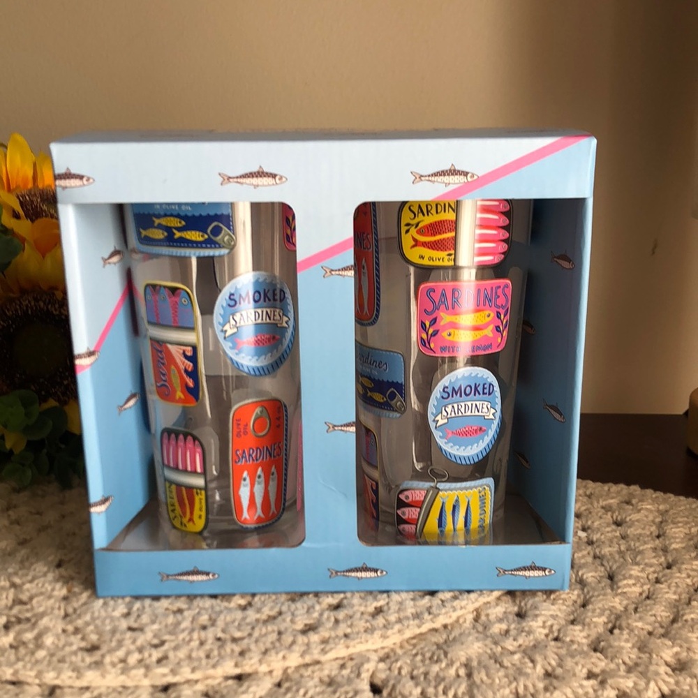 Sardine Print Hiball Glass Set - Colorful Fish Can Design